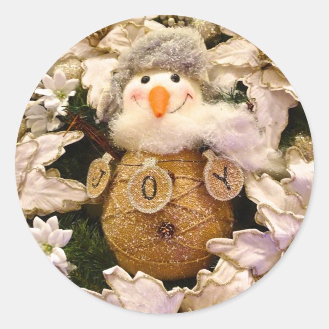 Adesivo Redondo Farmhouse Rustic Burlap Snowman Poinsettia Holiday (Frente)