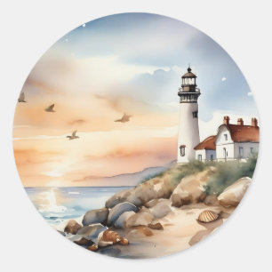 Adesivo Redondo Farol de Aquarela Costeira Tranquilo