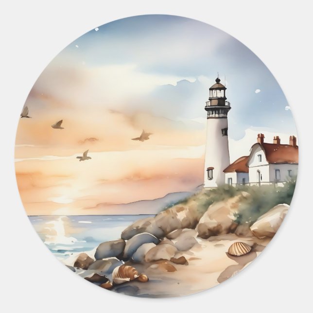 Adesivo Redondo Farol de Aquarela Costeira Tranquilo (Frente)