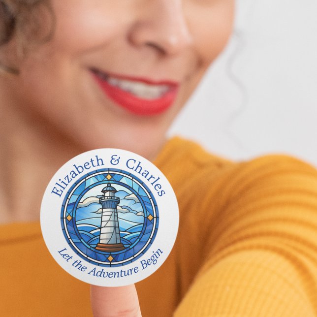 Adesivo Redondo Farol de Aventura de Casamento Velejando Náutico (Lighthouse nautical wedding bride and groom favor stickers)