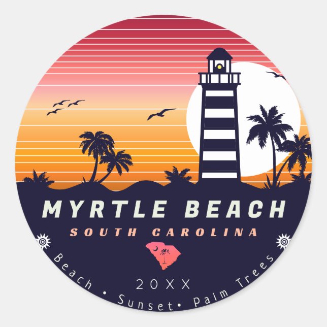 Adesivo Redondo Farol de Myrtle Beach SC Retro Sunset Souvenirs (Frente)
