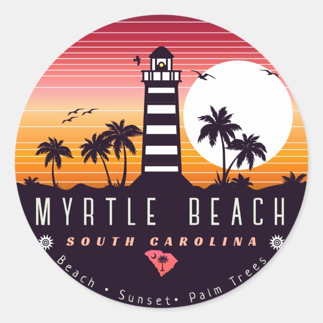 Adesivo Redondo Farol de Myrtle Beach SC Retro Sunset Souvenirs (Frente)