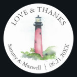 Adesivo Redondo Farol Modelo de Casamento de Praia<br><div class="desc">Estes adesivos de casamento de praia apresentam uma aquarela Júpiter, um farol da Flórida. Use os campos modelo para adicionar seu obrigado personalizado ao texto. Uma escolha encantadora de destino, costeira, náutica, favores e presentes de casamento à beira-mar. Arte de aquarela exclusiva de Victoria Grigaliunas do Do Tell A Belle....</div>