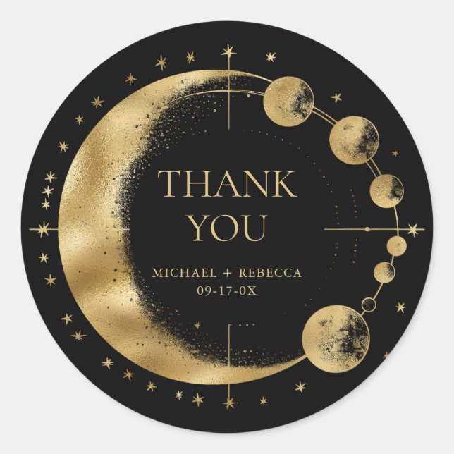 Adesivo Redondo Fases da Lua Dourada Celestial Fases do Casamento  (Frente)