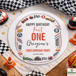 Adesivo Redondo Fast One Race Car Boy 1st Birthday Party