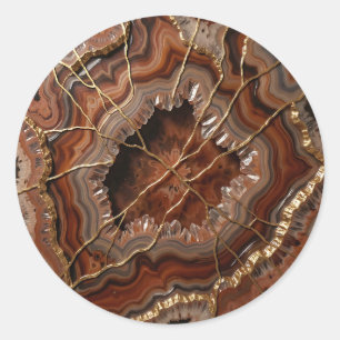 Adesivo Redondo Fatia de Ágata Kintsugi Dourada Luxo Mineral