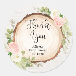 Adesivo Redondo Fatia de madeira floral creme rosa rústico