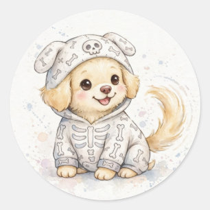 Adesivo Redondo Fato de Esqueleto de Cachorrinho Dourado Halloween
