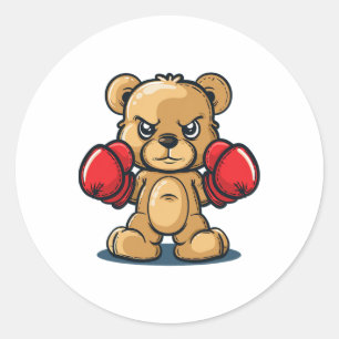 Adesivo Redondo Fato de Urso Fofo e Engraçado Com Luvas de Boxe