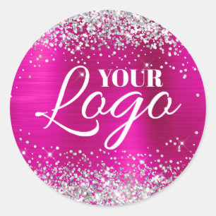 Adesivo Redondo Faux Brilho Prateado Magenta Rosa Quente Foil Logo