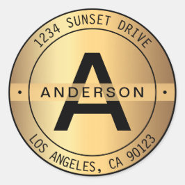 Adesivo Redondo FAUX Dourado e preto Monograma e Endereço Circular