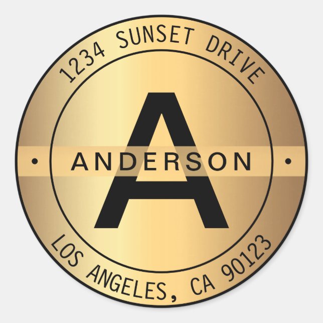 Adesivo Redondo FAUX Dourado e preto Monograma e Endereço Circular (Frente)