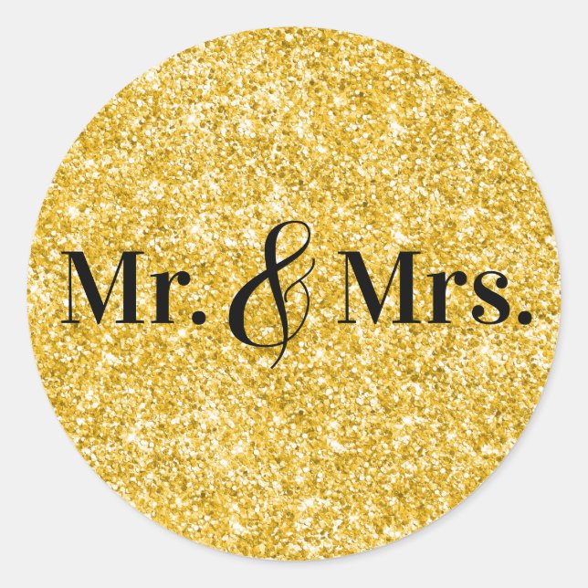 Adesivo Redondo Faux Glitter Dourado Sr. & Sra. Casamento (Frente)