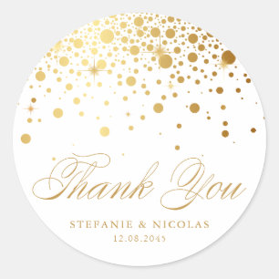 Adesivo Redondo Faux Gold Foil Confetti Dots Casamento Obrigado