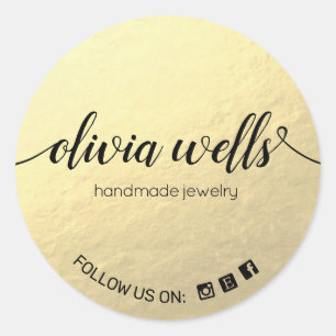 Adesivo Redondo Faux Gold Foil Manuscrito Manuscrito Script Social
