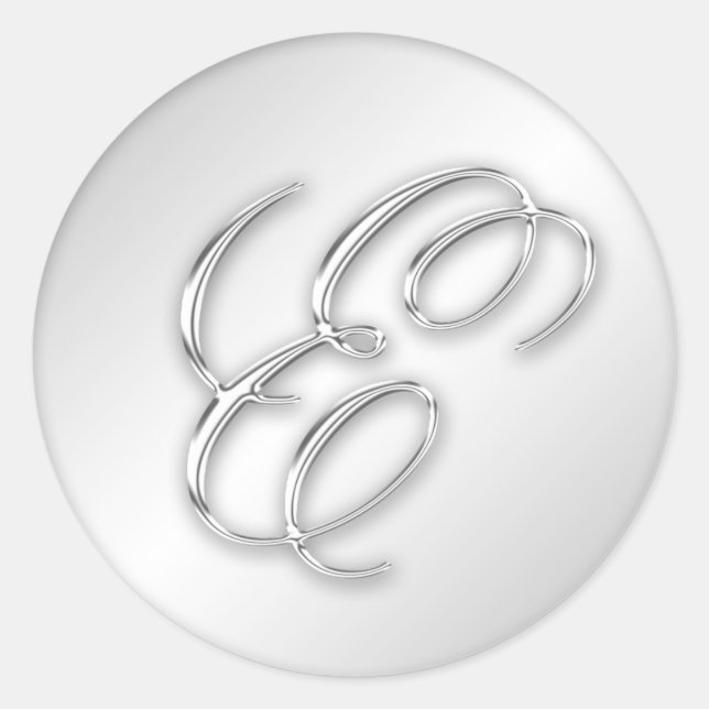 Adesivo Redondo Faux. inicial do monograma prateado com letra E (Frente)