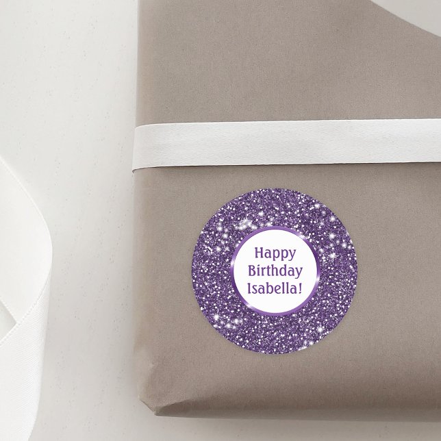 Adesivo Redondo Faux Purple Glitter Parecem Parabéns Personalizado (Ideal for decorating birthday presents or party favors, for example.)