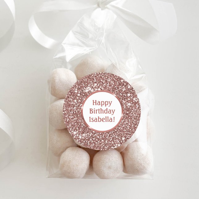 Adesivo Redondo Faux Rosa Dourado Glitter Parecem Feliz Aniversári (Ideal for decorating birthday presents or party favors, for example.)