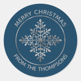 Adesivo Redondo Faux Silver Snowflake Sobre Azul (Folha Não Real)