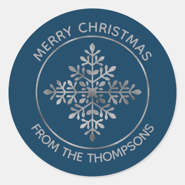 Adesivo Redondo Faux Silver Snowflake Sobre Azul (Folha Não Real) (Frente)