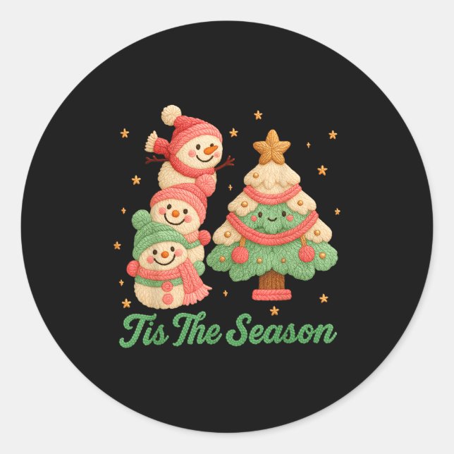 Adesivo Redondo Faux Yarn Crochet Snowman And Christmas Tree  (Frente)