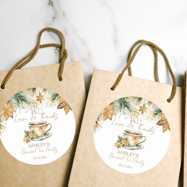 Adesivo Redondo Favo de chá de bebê boho Christmas inverno (Boho Christmas winter bridal shower tea party favor Sticker gold poinsettia tea cup thank you sticke)