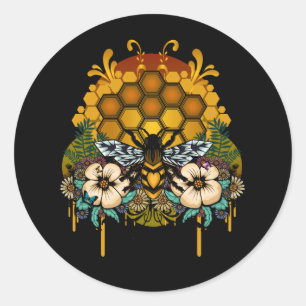 Adesivo Redondo Favo de Mel Rainha Floral Fundo Preto Ousado