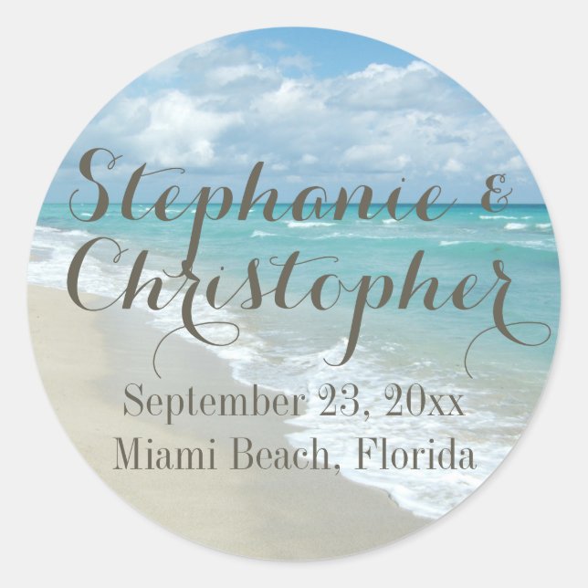 Adesivo Redondo Favor bonito de Casamento de Praia da Areia Branca (Frente)