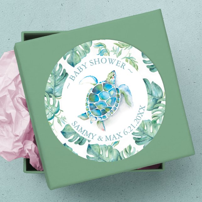 Adesivo Redondo Favor com Tartaruga Marinha e Folhagens em Aquarel (thank you sticker sea turtle baby shower)