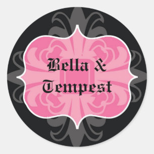 Adesivo Redondo Favor cor-de-rosa preto do casamento do nome de