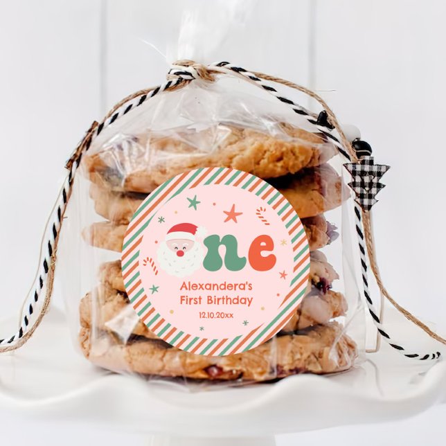 Adesivo Redondo Favor da Festa de aniversário de Natal Rosa 1rua (Criador carregado)