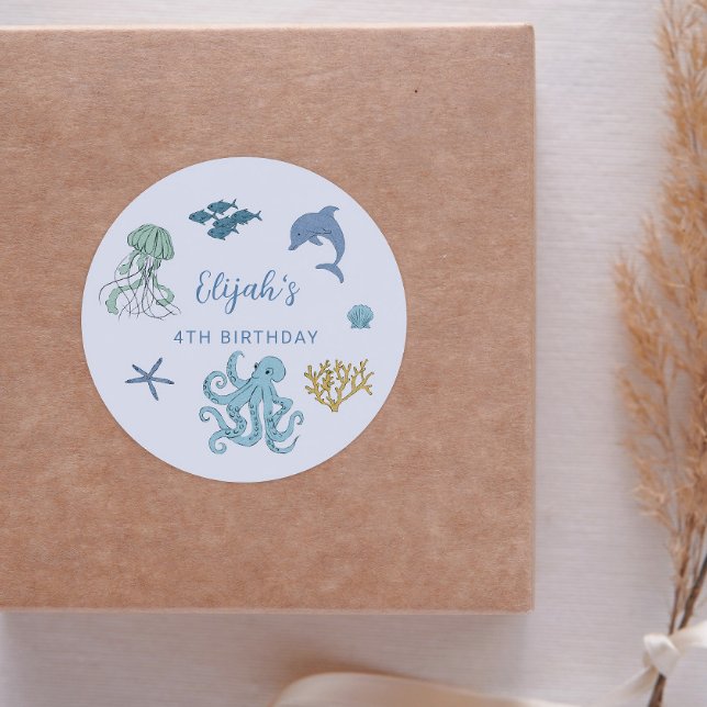 Adesivo Redondo Favor da Festa de aniversário do Oceano Azul (Criador carregado)