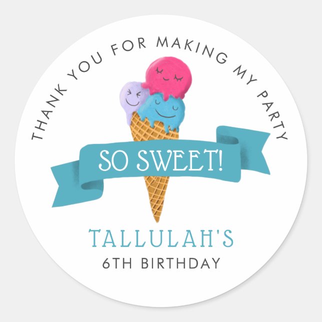 Adesivo Redondo Favor da Festa de aniversário do Sorvete doce (Frente)