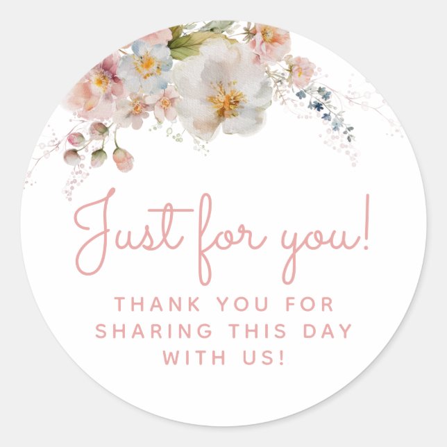 Adesivo Redondo Favor de Agradecimento Floral Rosa Aquarela (Frente)