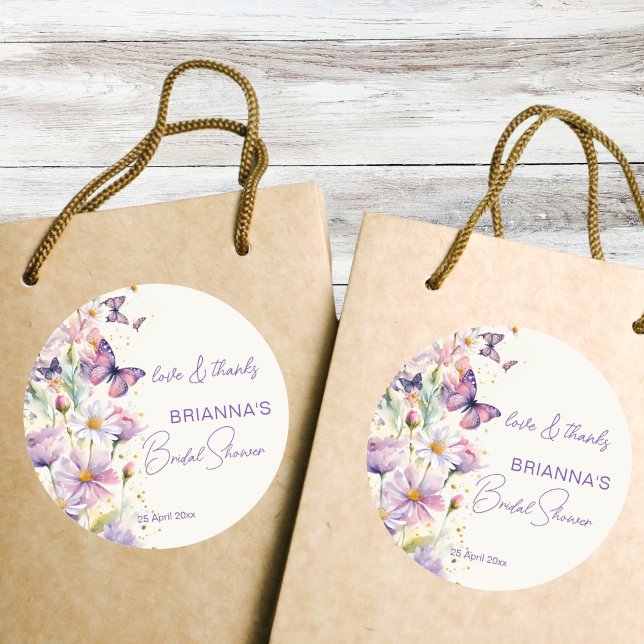 Adesivo Redondo Favor de agradecimento para chá de panela de borbo (Butterflies bridal shower lavender purple pink thank you favor stickers spring enchanted garden)