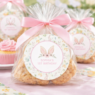 Adesivo Redondo Favor de Aniversário de 1 Ano para Meninas com Ore