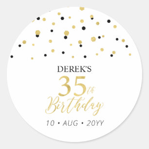 Adesivo Redondo Favor de Aniversário de 35 anos Ouro & Preto Obrig
