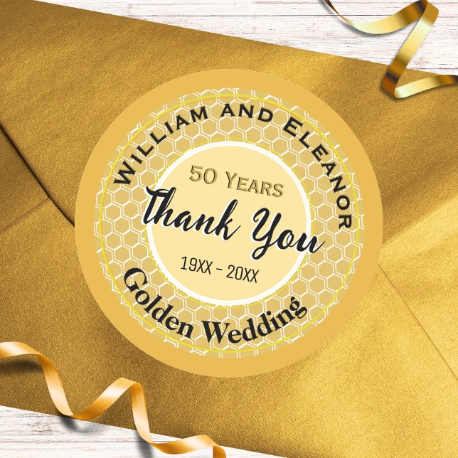 Adesivo Redondo Favor de Aniversário de Bodas de Ouro 50º Obrigado (A sticker for a 50th (Golden) Wedding Anniversary with Thank You message, for envelopes, favors etc.)