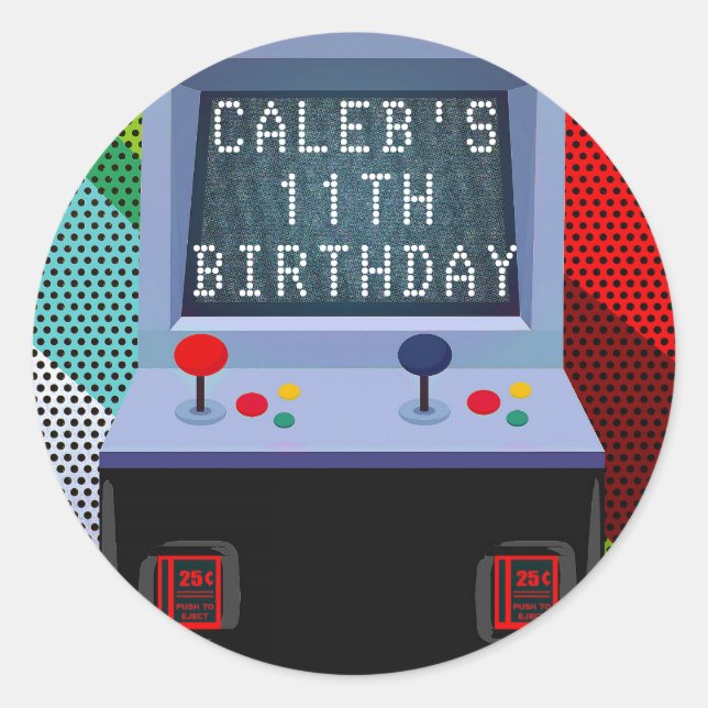 Adesivo Redondo Favor de Aniversário de Jogo de Vídeo de Arcade (Frente)