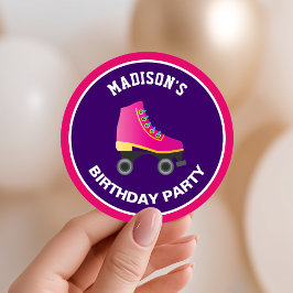 Adesivo Redondo Favor de aniversário de patinação sobre rodas rosa