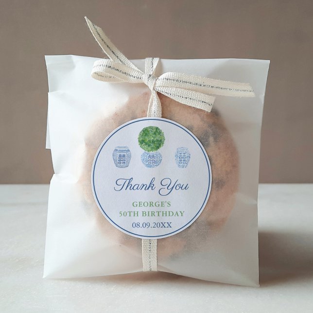 Adesivo Redondo Favor de Aniversário do Adulto Ginger Jar Boxwood  (Boxwood Ginger Jar Adult Birthday Party Thank You Favor Sticker)