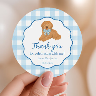 Adesivo Redondo Favor de Aniversário do Golden Doodle Obrigado