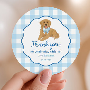 Adesivo Redondo Favor de Aniversário do Golden Retriever Obrigado