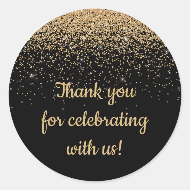 Adesivo Redondo Favor de Aniversário Personalizado Preto e Dourado (Frente)