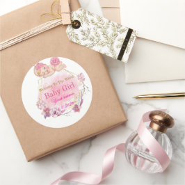Adesivo Redondo Favor de Bebê Menina Floral Rosa Bem-vinda ao Mund
