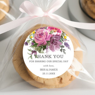 Adesivo Redondo Favor de casamento Boho floral amarelo roxo Magent