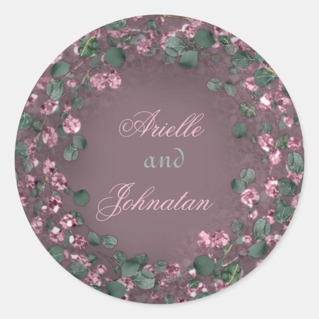 Adesivo Redondo Favor de casamento com coroa de eucalipto Rosa Min (Frente)