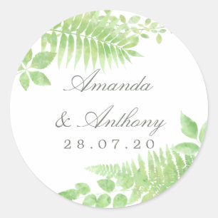 Adesivo Redondo Favor de casamento com folhagem verde em aquarela