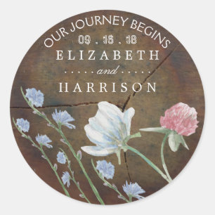 Adesivo Redondo Favor de Casamento de Madeira de Oak de Flor Selva
