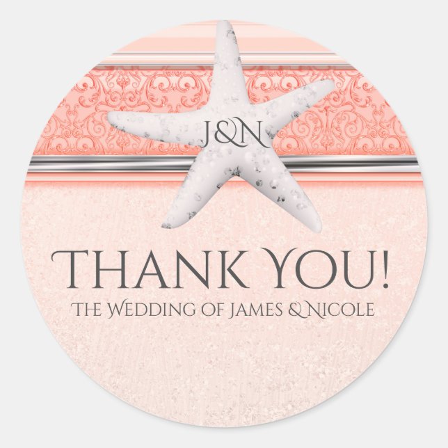 Adesivo Redondo Favor de casamento de praia com estrela-do-mar lar (Frente)